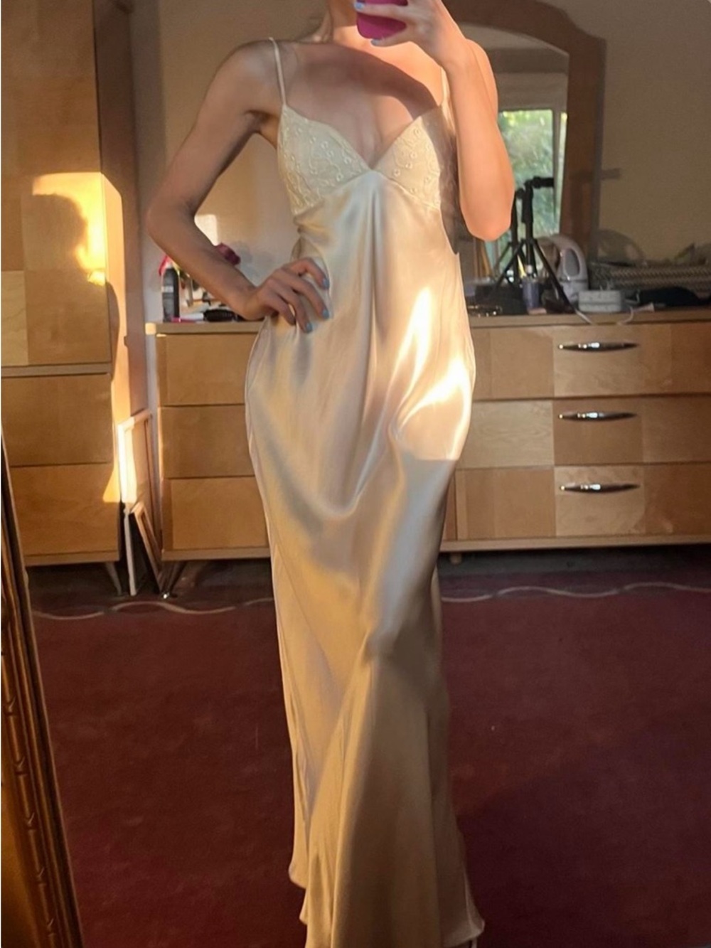 Sarah Spencer Champagne Satin Slip Dress with Lace Trim
